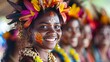 Women of Vanuatu. Women of the World. A radiant woman adorned with colorful flowers and traditional paint smiles warmly at a cultural event.  #wotw