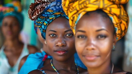 Wall Mural - Women of Cape Verde. Women of the World. Two African women with colorful head wraps standing together with a blurred background. #wotw