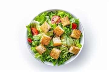 Sticker - Caesar salad in a bowl isolated on white top down view