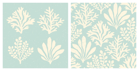 coral reef and seaweed isolated prints and seamless pattern. pastel blue underwater sea life summer 