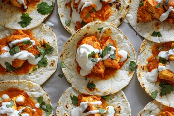 Wall Mural - Chicken Tikka soft Tacos with sour cream from above