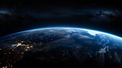 Fototapete - Blue space background with earth and galaxy. Abstract wallpaper with planetary glow. Science and education in outer space