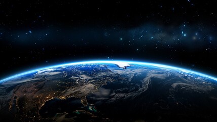 Aufkleber - Blue space background with earth and galaxy. Abstract wallpaper with planetary glow. Science and education in outer space