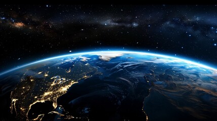 Aufkleber - Blue space background with earth and galaxy. Abstract wallpaper with planetary glow. Science and education in outer space