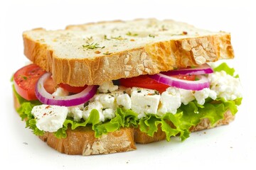 Wall Mural - Close up of feta cheese sandwich on white background