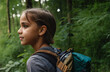 A young Indian girl hikes through wilderness, carrying backpack, amidst forest, river, greenery; youth exploring, feeling amazed or unsettled, alone or lost.