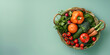 mockup of Healthy food background different fruits and vegetables on green background Fresh vegetables and fruits on table for copy text in bucket
