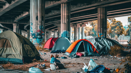 camp of homeless people under the bridge