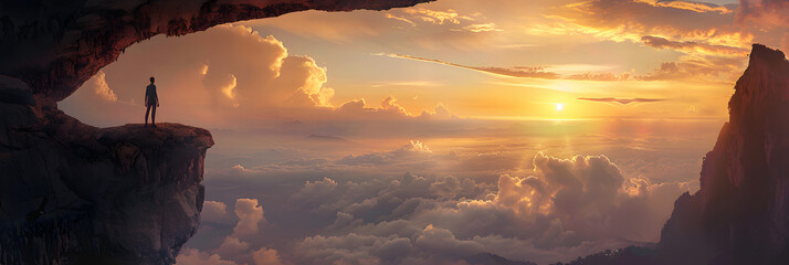 Wall Mural - A man stands on the edge of an ancient cave, gazing out at the sunrise over clouds and mountains
