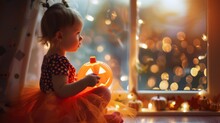 Happy Toddler With Halloween Pumpkin, Great For Festive Home Decoration Guides And E-commerce.