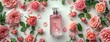 feminine perfume bottles adorned with delicate rose petals, presented in a flat lay top view on a white background, evoking a sense of beauty and sophistication.