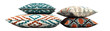 A set of small and medium sized decorative pillows with  in black, white, grey, turquoise blue, brown, and orange colors