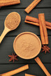 Cinnamon sticks on a wooden background. Cinnamon spice in bowl. Ceylon cinnamon. Vertical photo