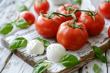 Canvas Print - Fresh tomatoes with basil mozzarella cheese on rustic white table tomato on old board