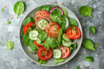 Wall Mural - Fresh vegetable salad with tomato cucumber onion spinach lettuce and sesame seeds on a plate Top view