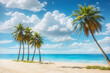 Palm trees on a sandy beach with blue ocean and cloudy blue skies design. Idyllic panoramic view for spring break design and summer vacation background design.