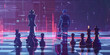 futuristic looking chess board with a chess piece about to topple over chess pieces on chessboard and digital background neon lights