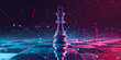  large modern futuristic looking chess board with a chess piece about to topple over chess pieces on chessboard and digital background neon lights