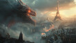 Paris, France personified as a mighty dragon, blending the iconic landmarks and features of the city
