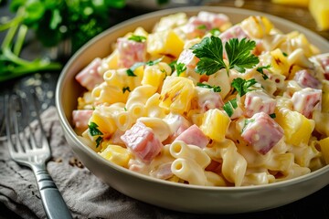 Wall Mural - Hearty Hawaiian pasta salad with ham pineapple onion cheddar cheese and mayonnaise in a bowl on the table