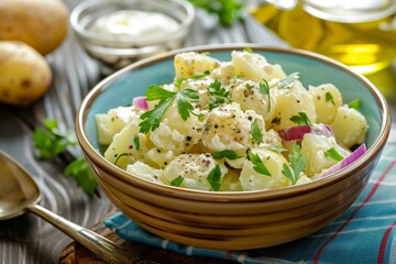 Sticker - Homemade potato salad without mayo with cilantro olive oil vinegar mustard onions and potatoes