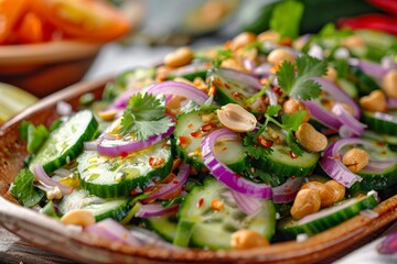 Wall Mural - Homemade Thai green cucumber salad with sweet sauce coriander chili peanuts