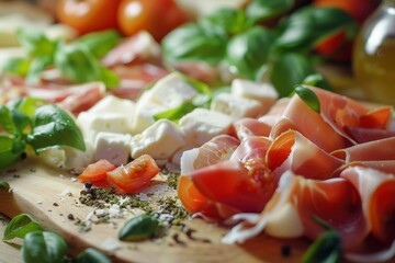 Wall Mural - Italian antipasto on a wooden table with fresh cheese tomato and basil