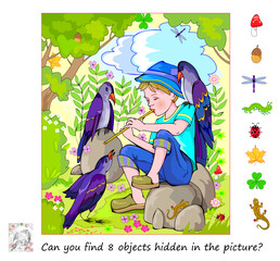 Wall Mural - Can you find 8 objects hidden in the picture? Logic puzzle game for children and adults. The peasant boy playing pipe in the forest. Educational page for kids. Flat cartoon vector illustration.