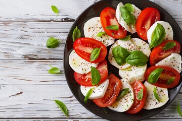 Wall Mural - Italian caprese salad with fresh mozzarella and tomatoes on a dark plate displayed on a white table View from above