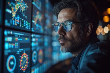 Cybersecurity analyst analyzing data wall