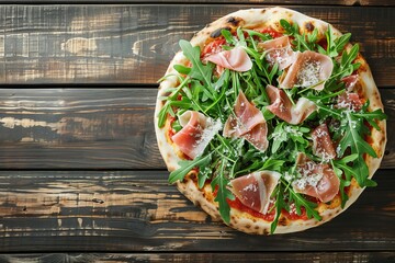 Wall Mural - Italian pizza with prosciutto arugula and parmesan on dark wood With room for text