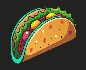 Wall Mural - Vibrant and colorful cartoon taco illustration. Perfect for showcasing delicious and traditional mexican cuisine and street food. Featuring a variety of toppings like lettuce