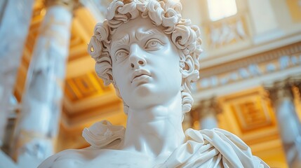 Poster -   A tight shot of a statue, depicting a man, situated in a chamber adorned with columns Light filters in from the window, illuminating the scene