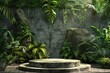 Stone Fountain Surrounded by Lush Green Plants