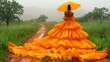   A woman, dressed in orange, holds an umbrella on a dirt road traversing a grassy field