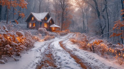   A house sits amidst a snowy forest, two paths leading up to it