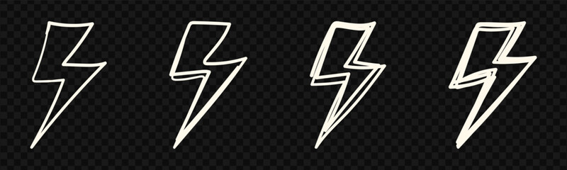 Lightning in linear variations. Set of doodles, linear lightning bolts. Modern grungy doodles, lightning bolts, sharp shapes