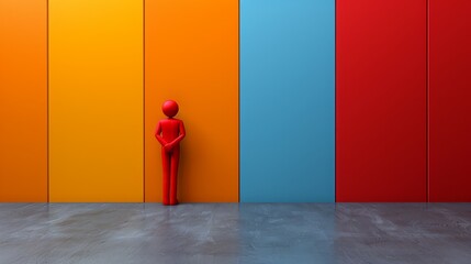 Wall Mural -   A person stands before a multicolored wall In front of it, a red figure is positioned