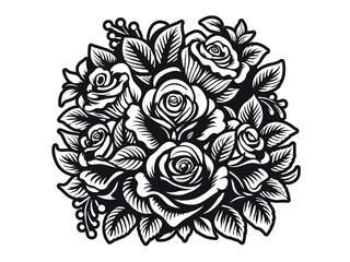 Wall Mural - Retro old school roses for chicano tattoo outline. Monochrome line art, ink tattoo. Artistic black and white illustration of a bouquet with detailed roses and leaves