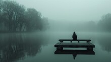   A Person Seated On A Bench In The Midst Of A Water Body, Surrounded By A Foggy Forest In The Background