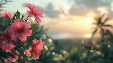   A Bush Filled With Pink Flowers Against A Sunset Backdrop