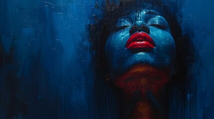 Wall Mural -   A painting of a woman with closed eyes and a protruding red lip