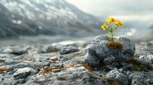   A Tiny Yellow Bloom Perched Atop A Rockpile In A Rugged Expanse Snow-capped Mountains Loomed In The Backdrop