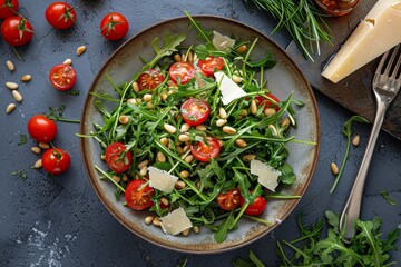 Poster - Top view of arugula salad with pine nuts cherry tomatoes and cheese