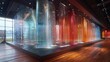   A room with colorful water fountains adorning the walls and a wooden floor preceding it
