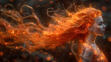   A Stunning Woman With Lengthy Red Tresses Dancing In The Wind Her Face And Hair Illuminated By Radiant Orange And Yellow Lights