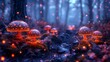   A cluster of mushrooms crowns a lush forest, adorned with glowing caps atop verdant greenery