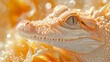   Close-up of a lizard's face with yellow background and water drops