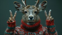   A Tight Shot Of An Individual Donning A Sweater Adorned With Deer Antlers, Raising Their Hands