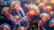   A collection of jellyfish drifts in the ocean, surrounded by numerous oranges andpinks